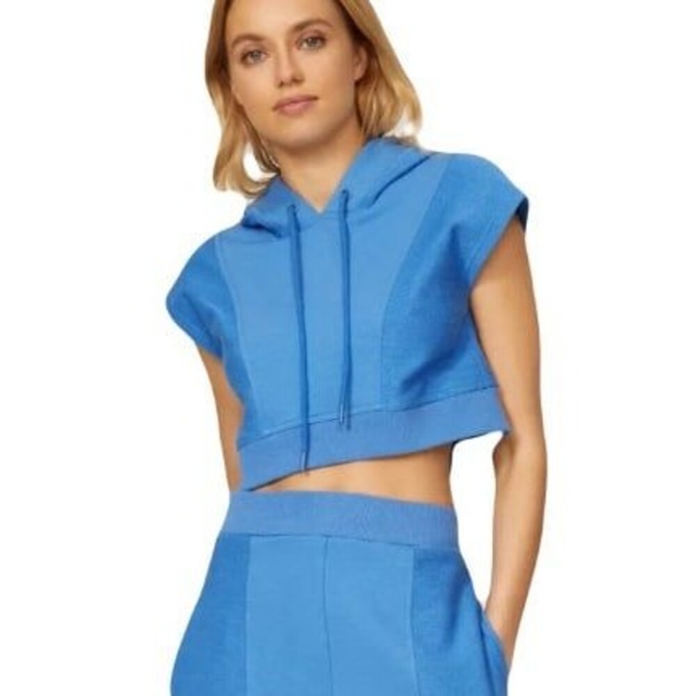 Herve Leger XL Org $170 Cropped Hoodie Light Blue Logo on Hood Sporty Athleisure
